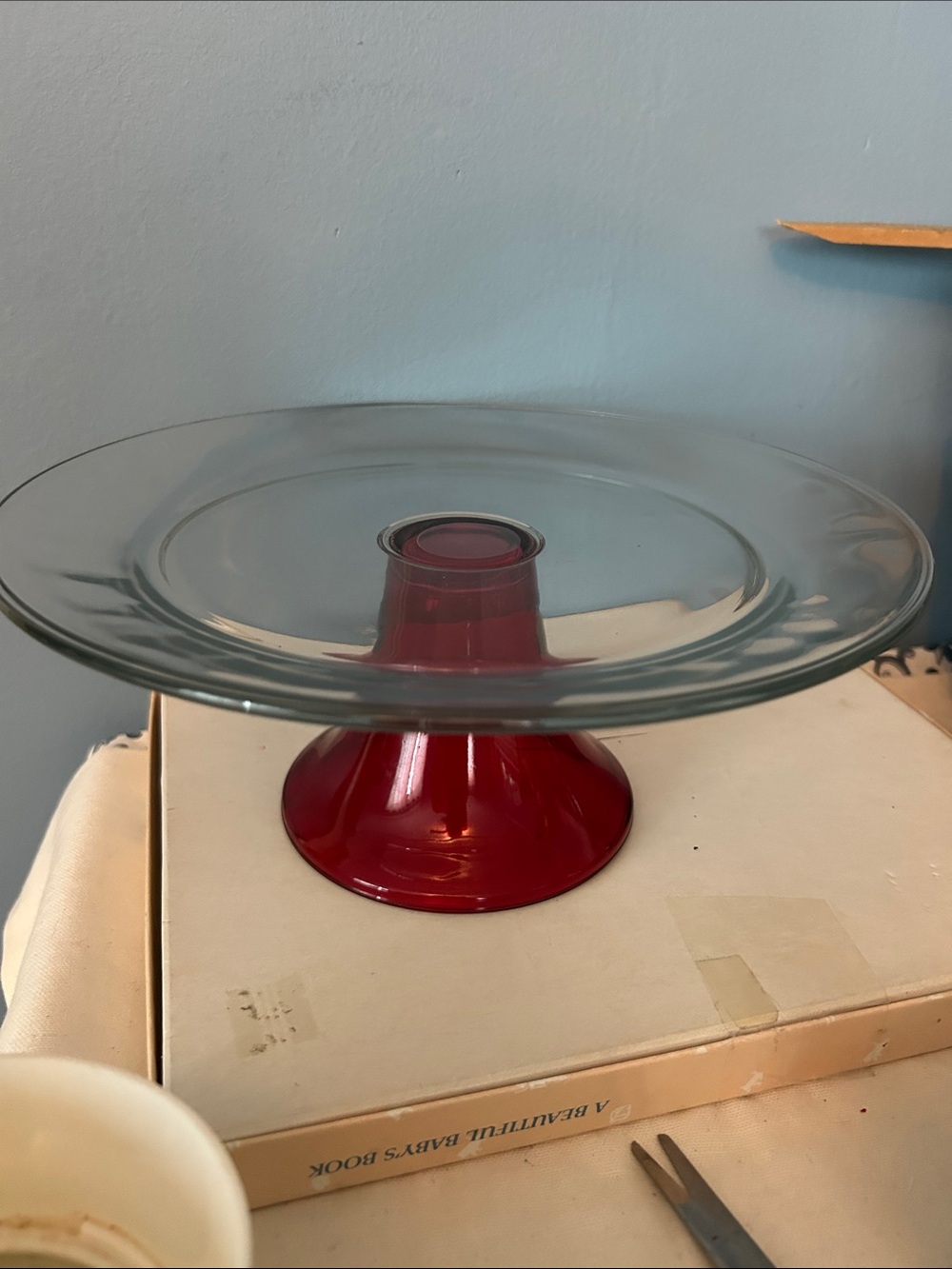 Cranberry Red Glass Pedestal Cake Plate w/Clear Plate Excellent for holidays EUC